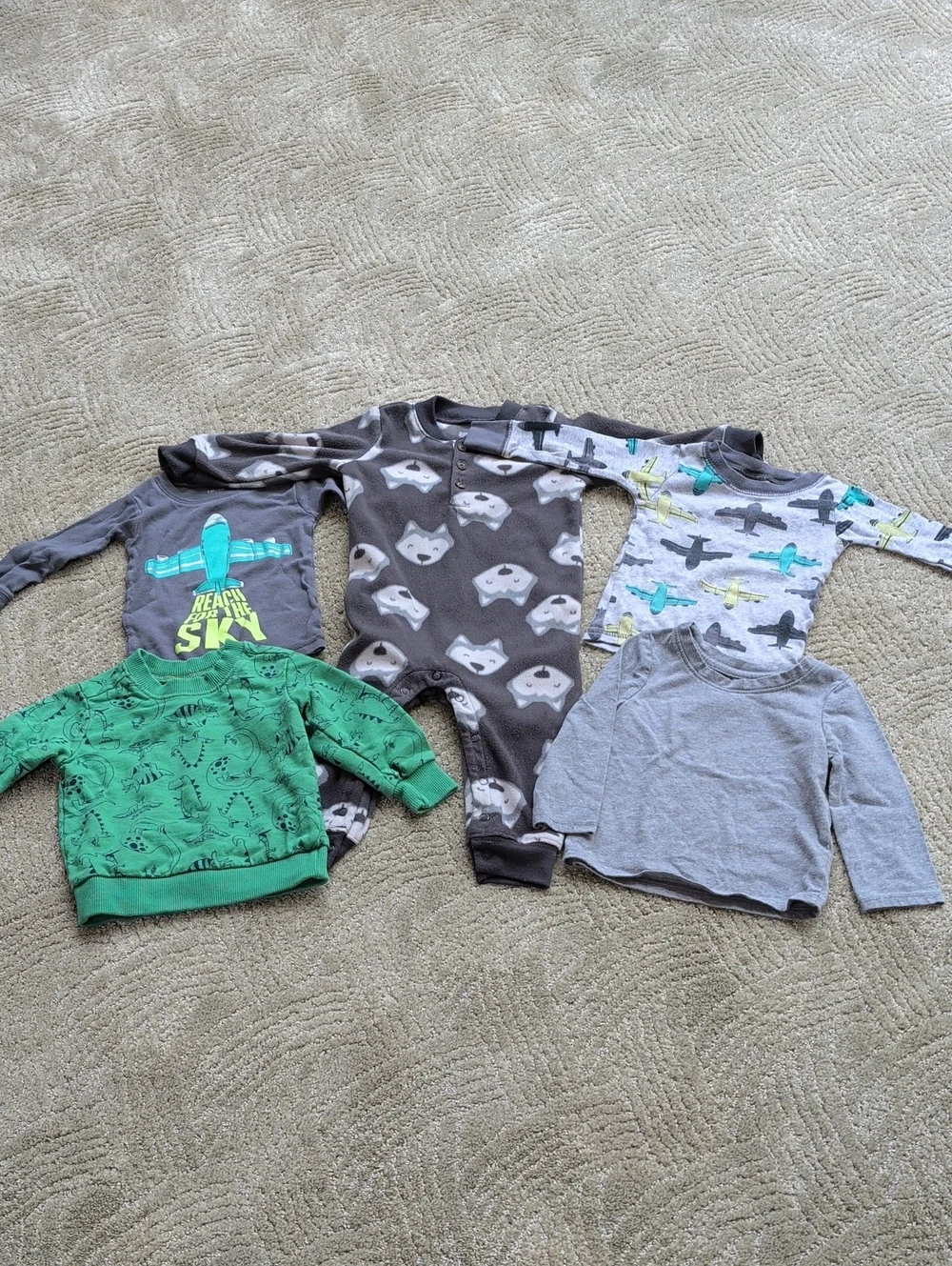 Kids Long-Sleeve Tops & Footie PJ'S - Gray, Green, Light Gray 12 Months